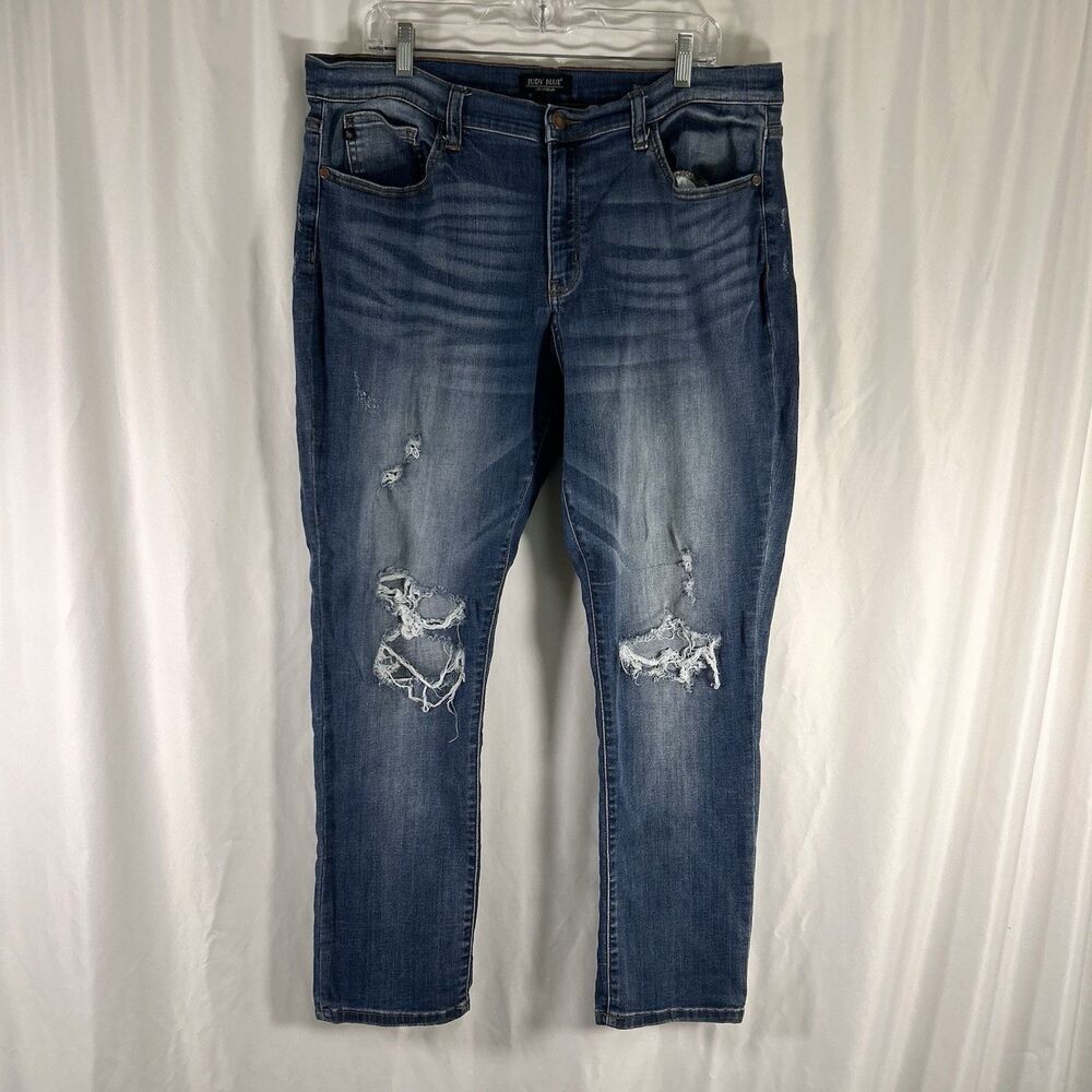Judy Blue Jeans Women's 1XL 38 Medium Wash Blue Whiskered Boyfriend Fit 5 Pocket